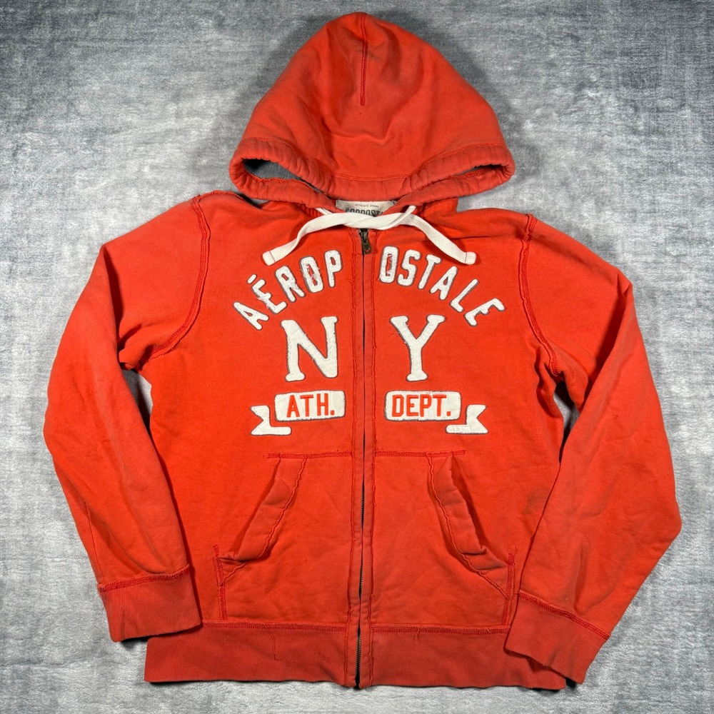 Aeropostale Sweatshirt Mens Medium Orange Full Zip Thermal Hoodie Y2K Preppy